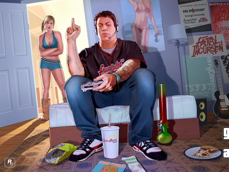 An insert from GTA 6 of a man showing the middle finger to a woman while playing a video game