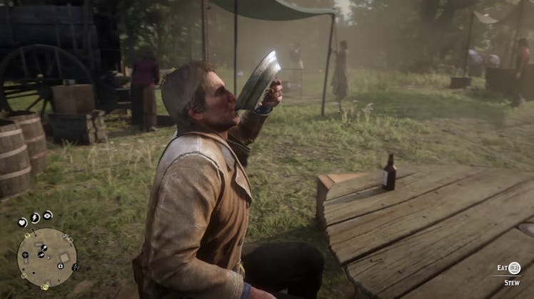 Red Dead Redemption 2's  Arthur eating to keep his health and stamina up.