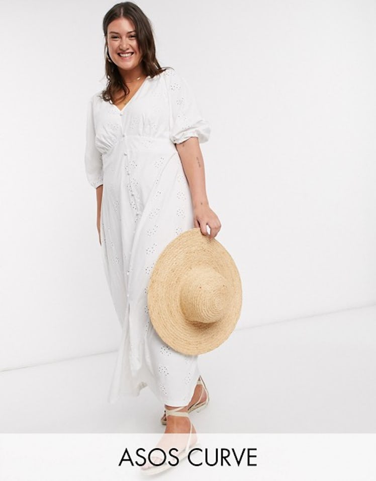ASOS DESIGN Curve Broderie Tea Maxi Dress with Puff Sleeve in White