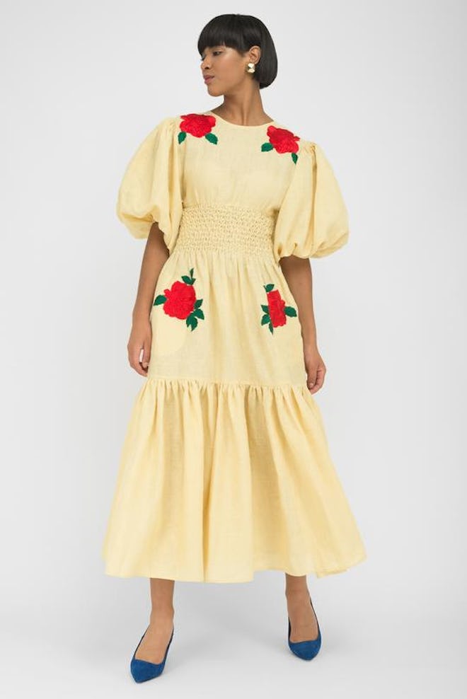 Light Yellow Linen Red Floral Embroidered Midi Dress