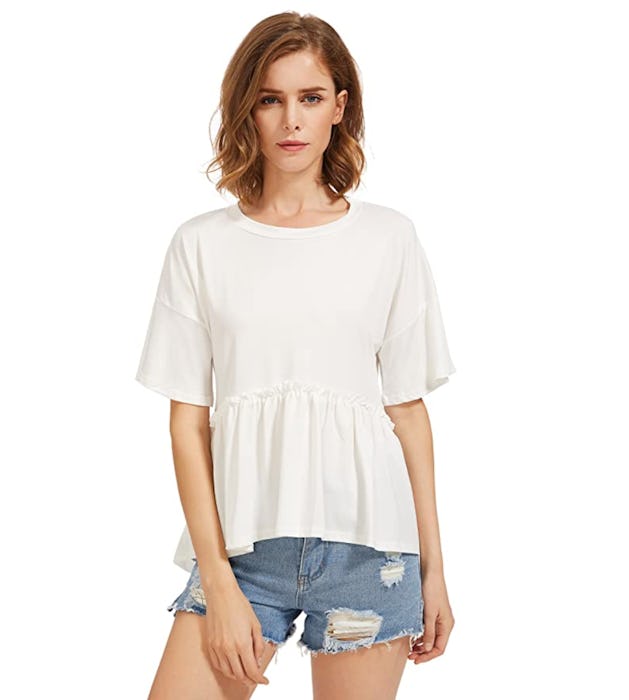 Romwe Loose Ruffle Hem Short Sleeve Tee