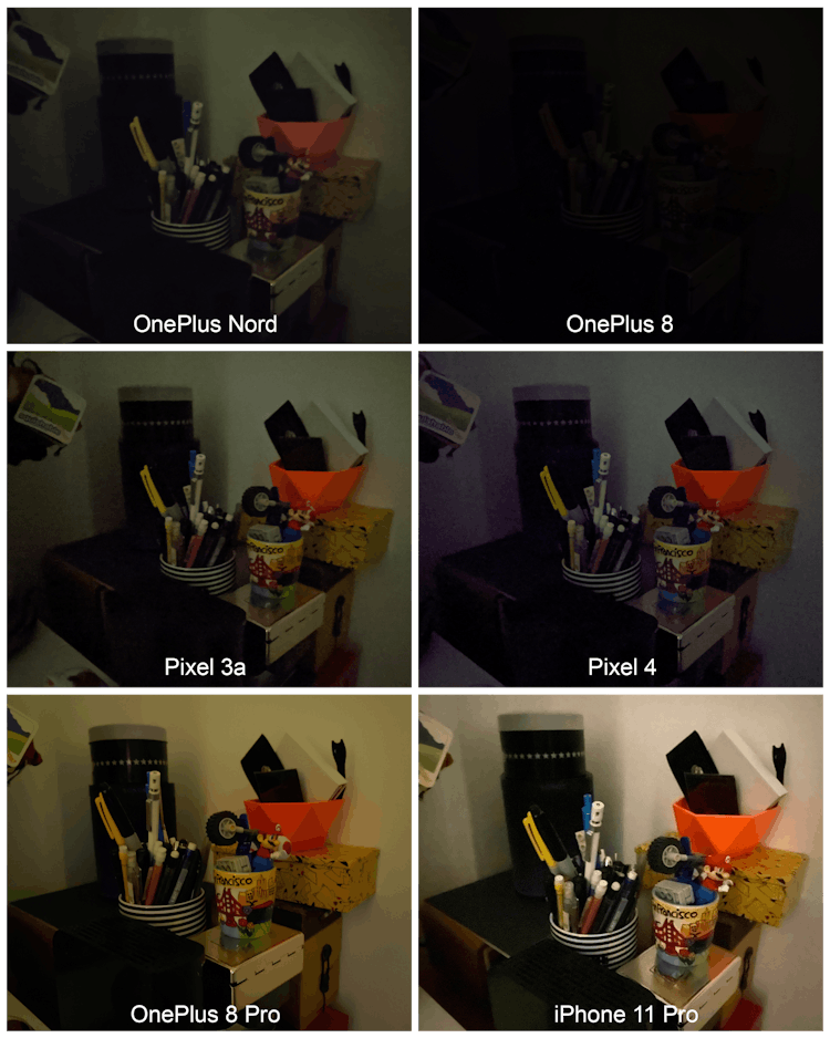 The OnePlus Nord smartphone low-light comparison photos.