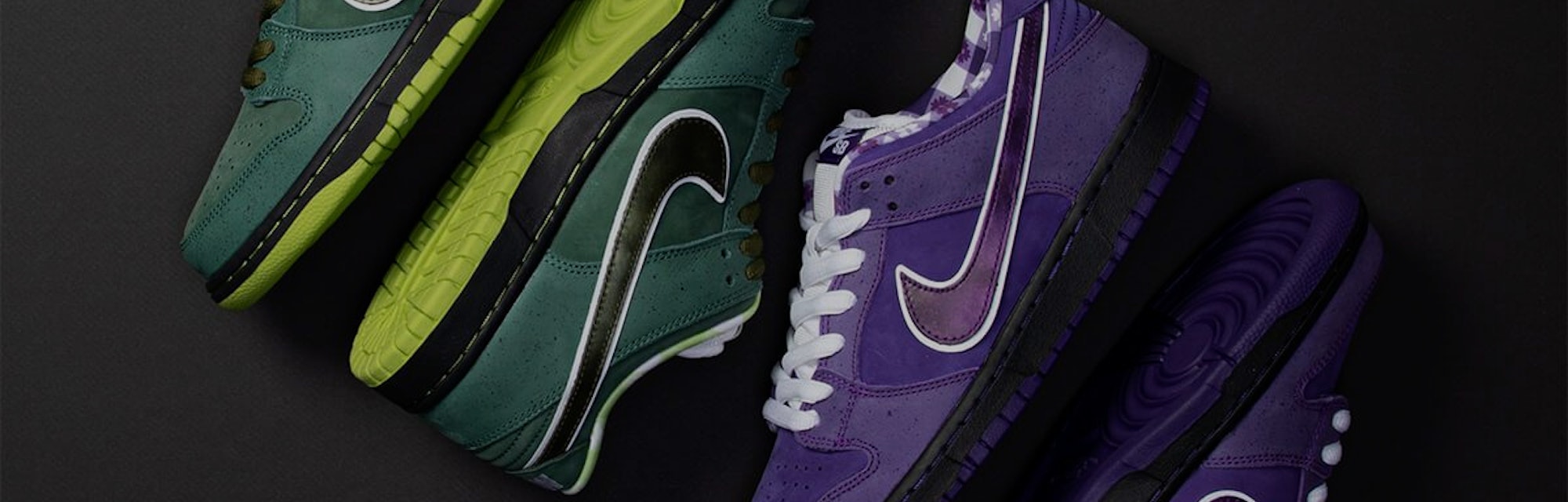 The green and purple Nike SB Lobster Dunk sneakers.