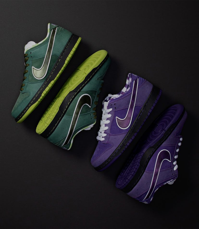 The green and purple Nike SB Lobster Dunk sneakers.