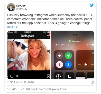 A screenshot of a Twitter post alleging Instagram accesses the camera in iOS 14 even when not in use...