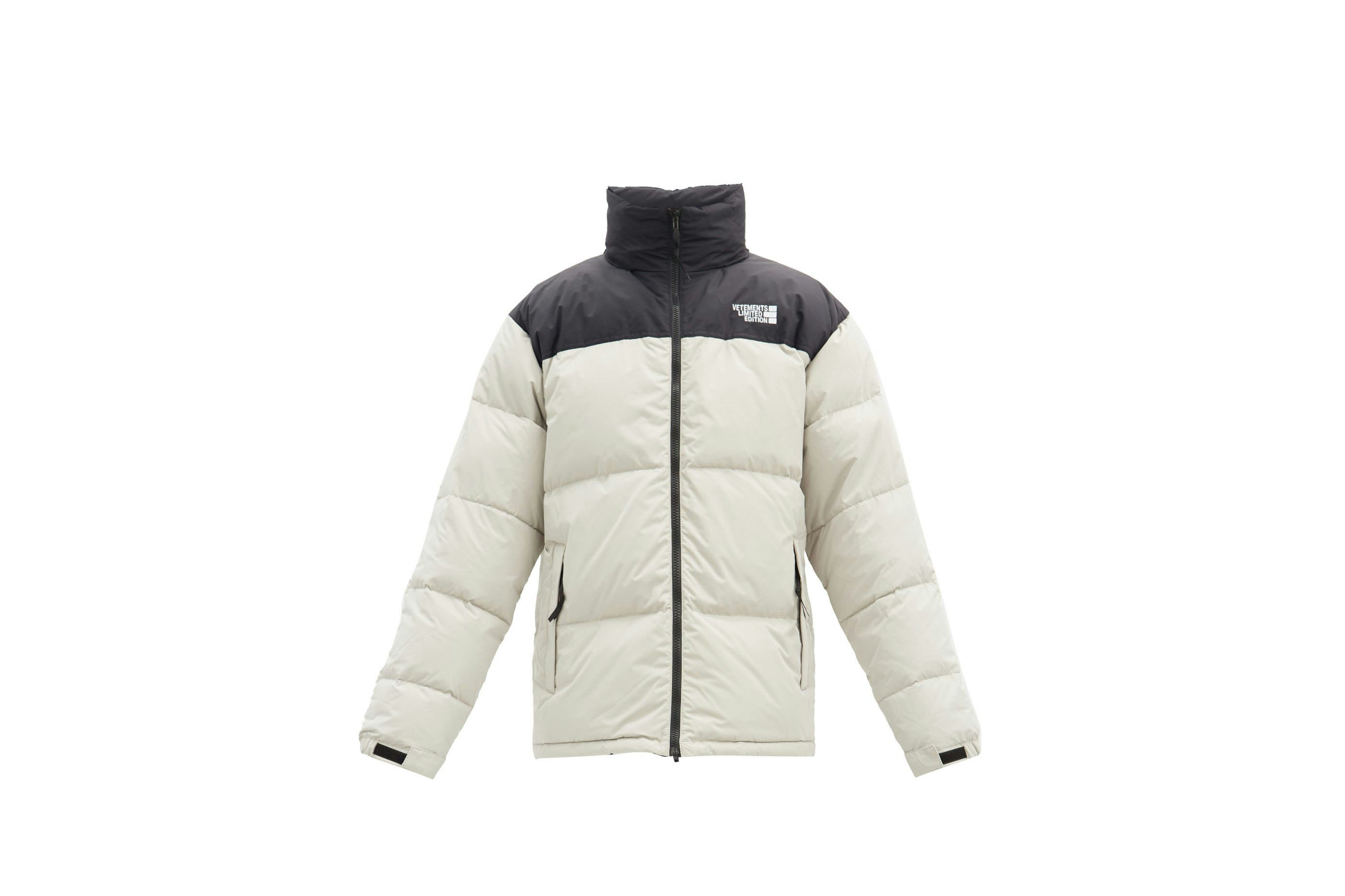 white and black north face puffer jacket