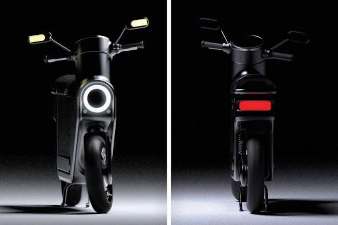 Front and rear views of a black scooter.