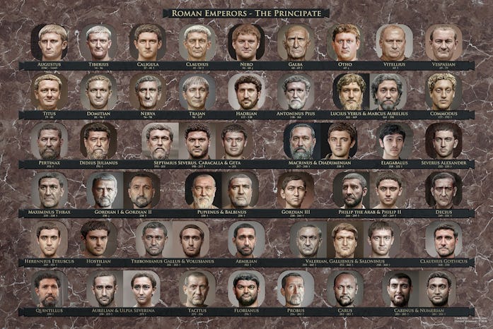 A chart depicting 54 Roman emperors during the Principate period, including Augustus, Nero, Caligula...