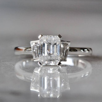 Emerald Cut Salt and Pepper Diamond Ring with Tapered Baguette Diamonds