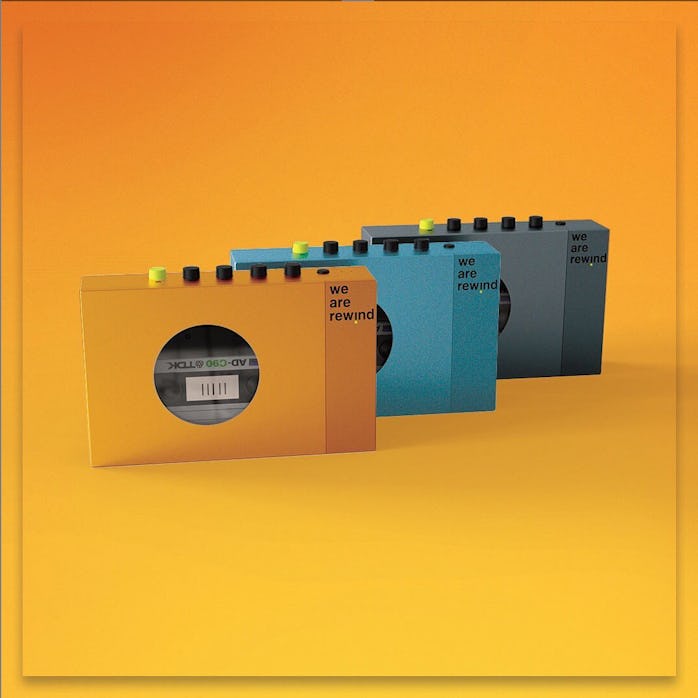 Three cassette players in orange, teal, and gray can be seen on an orange surface and background. Th...