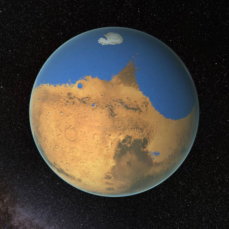 A view of planet Mars from with the visible surface and water elements
