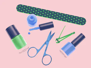 A collage of nail scissors, nail polish, nail clippers and a nail file as essentials for a pedicure