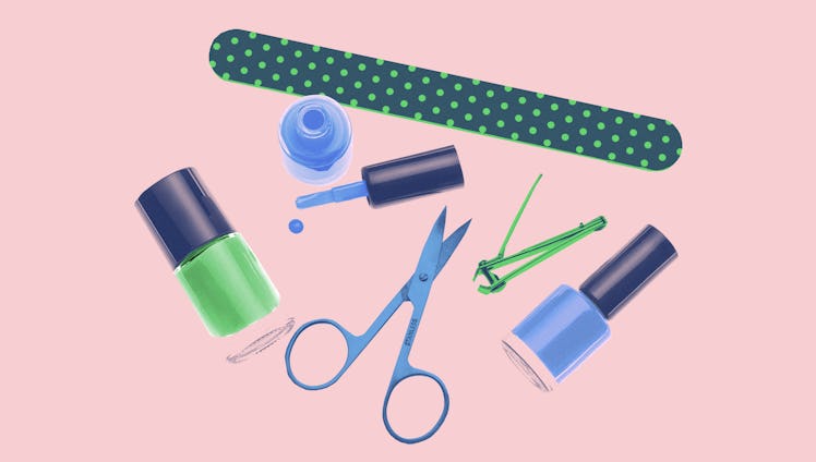 A collage of nail scissors, nail polish, nail clippers and a nail file as essentials for a pedicure