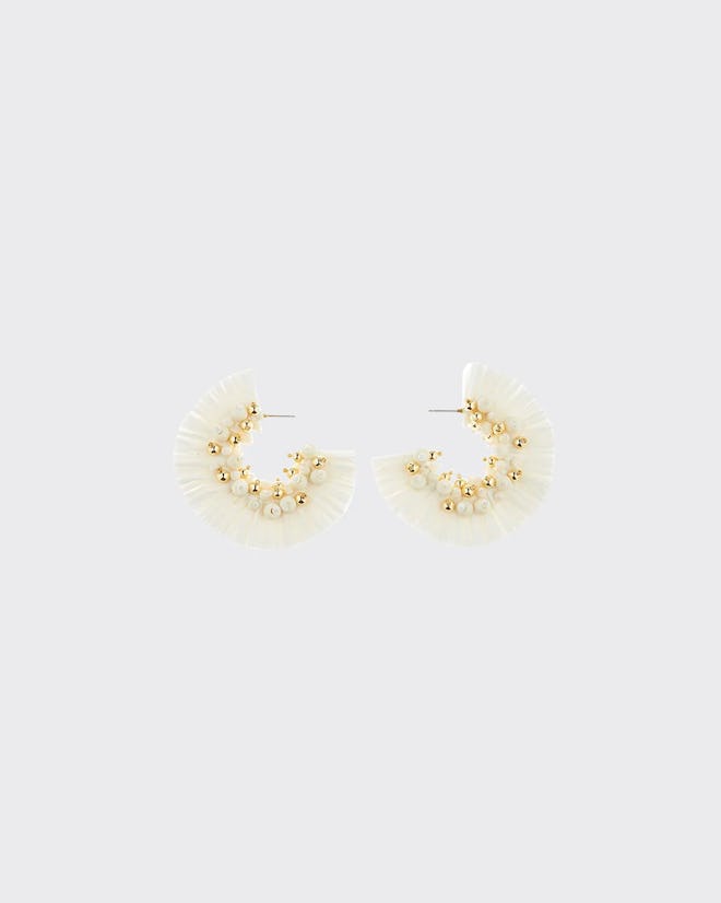 Raffia Fringe Hoop Earrings, White