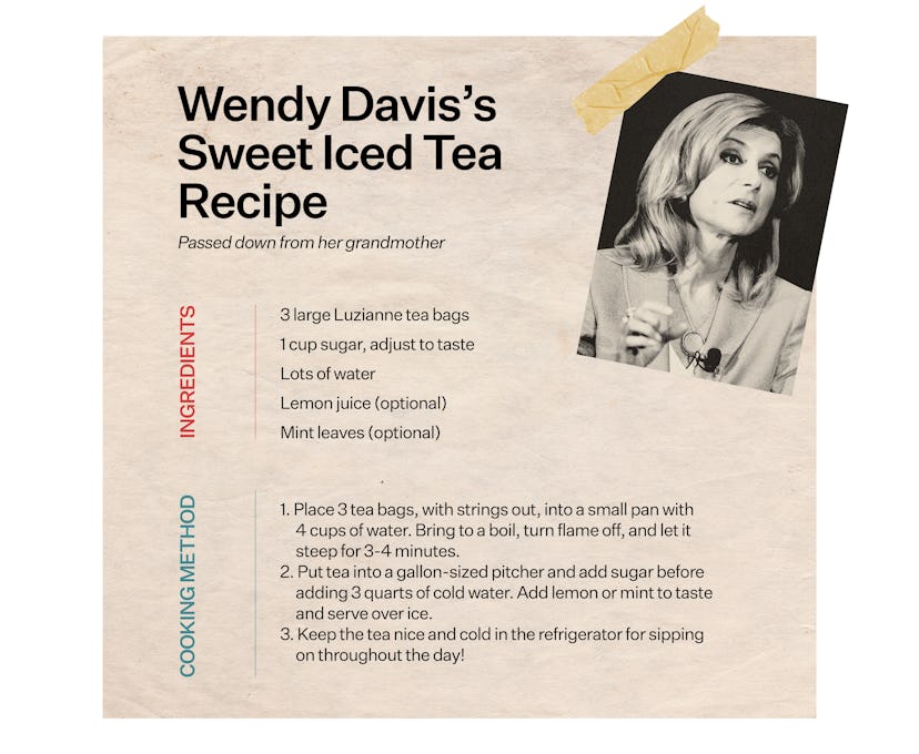 Wendy Davis's Sweet Iced Tea recipe for Bustle's Eat & Run series