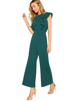 Romwe Women's Ruffle-Trimmed Wide Leg Jumpsuit