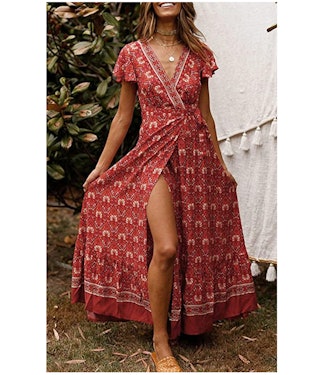 ZESICA Women's Bohemian Floral Printed Wrap Maxi Dress