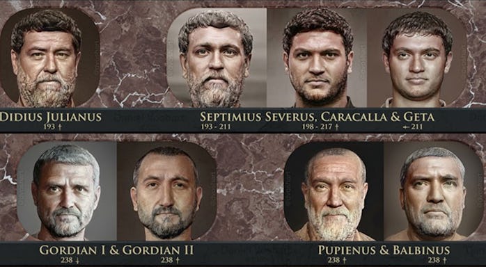 A machine learning rendered portrait can be seen of the Roman ruler Septimius Severus surrounded by ...
