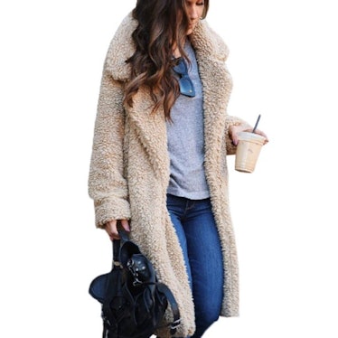 Walmart Womens Fluffy Fleece Long Trench Coat Jacket Faux Fur Borg Outwear Warm Overcoat