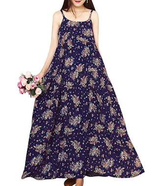 YESNO Women Casual Floral Print Long Maxi Dress 