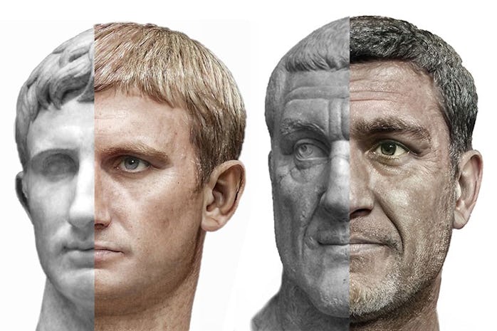 Juxtaposed images of Augustus and Maximinus Thrax's busts and machine learning rendered images can b...
