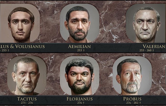 Emperor Florianus of the Principate period can be seen next to other Roman rulers. He has thick blac...