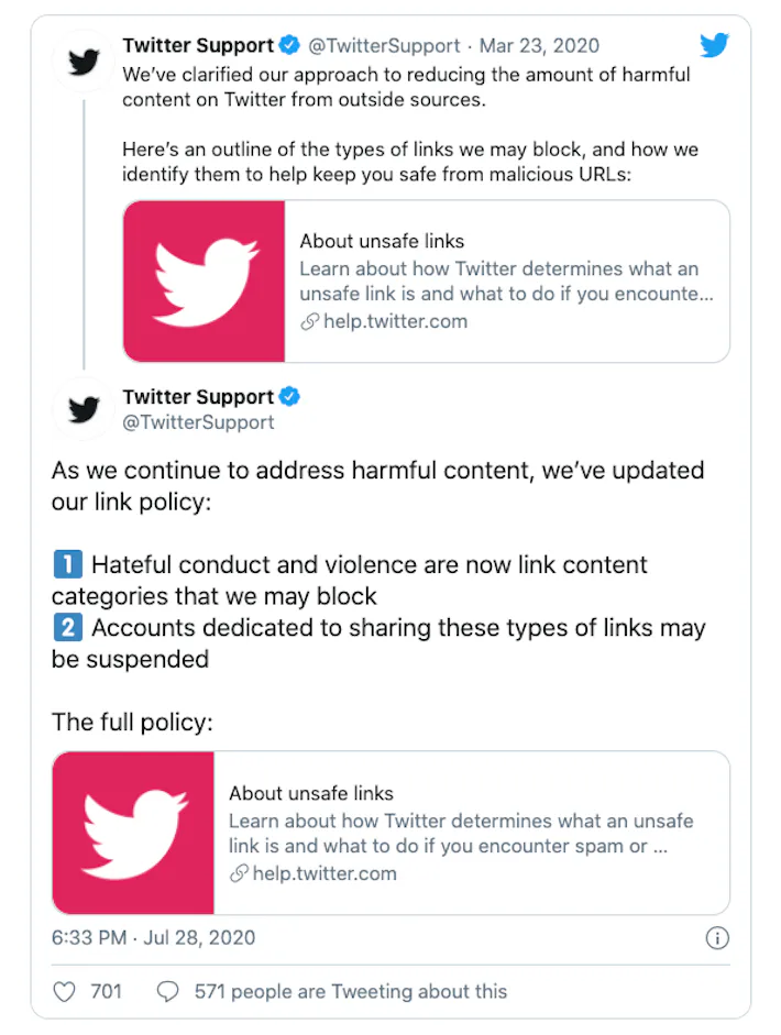 Twitter will suspend accounts that tweet links to hateful content