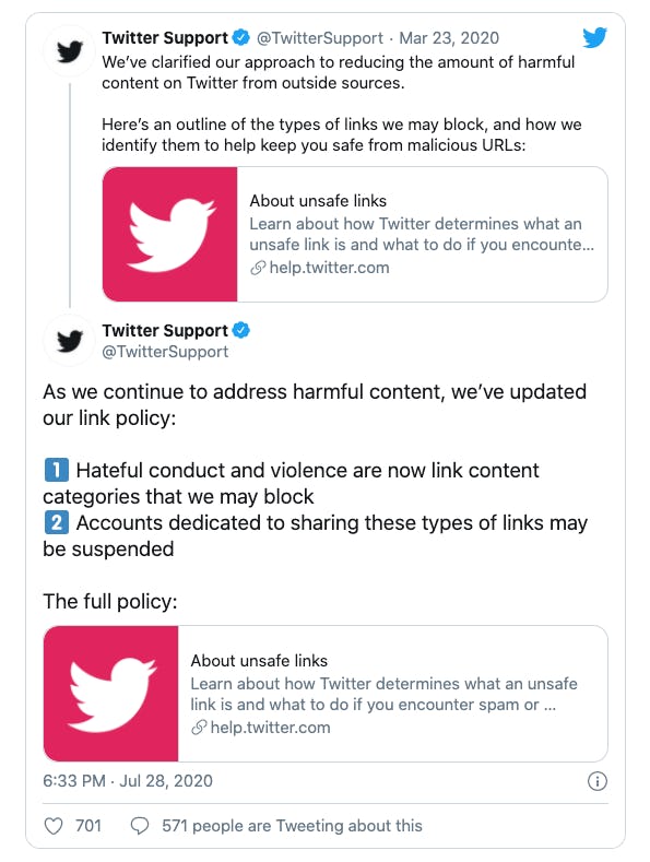 A screenshot of Twitter's support account outlining its new policy on links.
