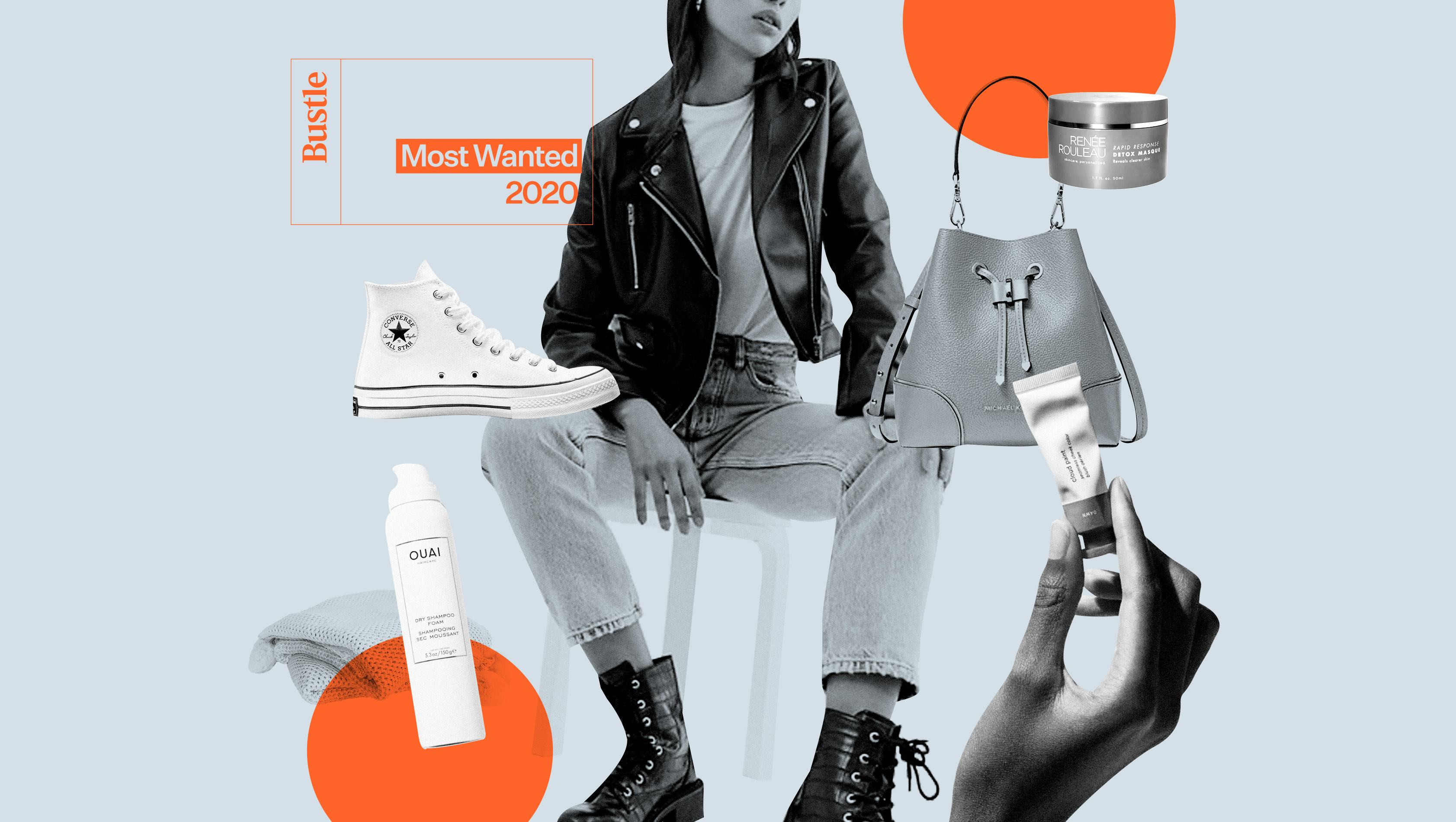 White Converse shoe, ASOS biker jacket, Sephora foam, Glossier paint, Michael Kors shoulder bag, and...