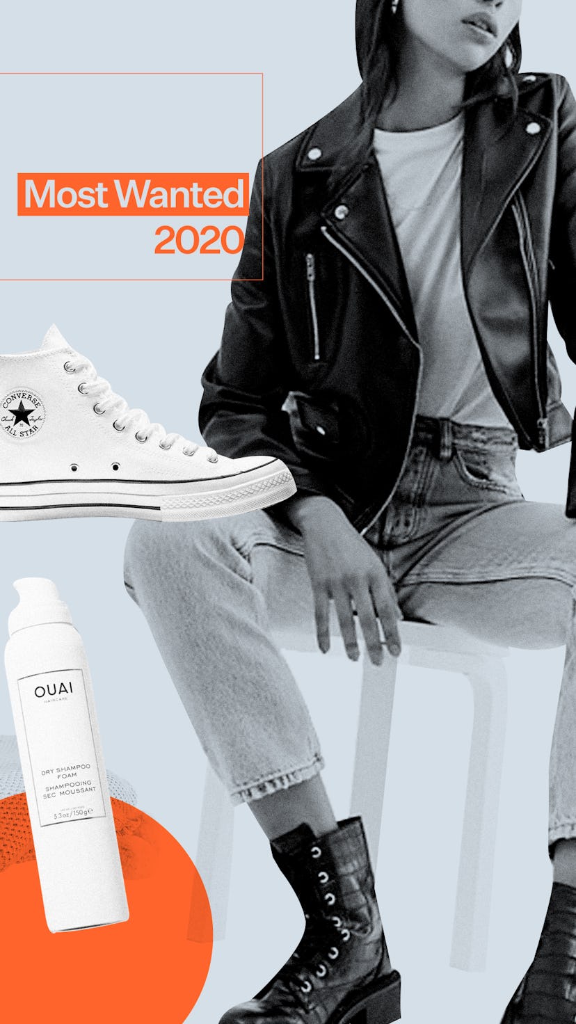 White Converse shoe, ASOS biker jacket, Sephora foam, Glossier paint, Michael Kors shoulder bag, and...