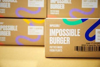 Boxes of Impossible Burger patties.