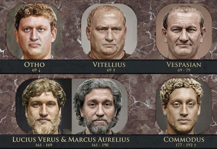 The portraits of Marcus Aurelius and Commodus can be seen surrounded by other Roman emperors of the ...