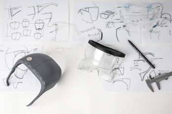 Face shield technical drawings and prototypes.