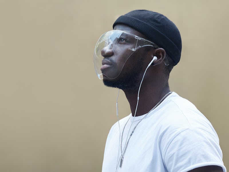 Model wearing face shield.