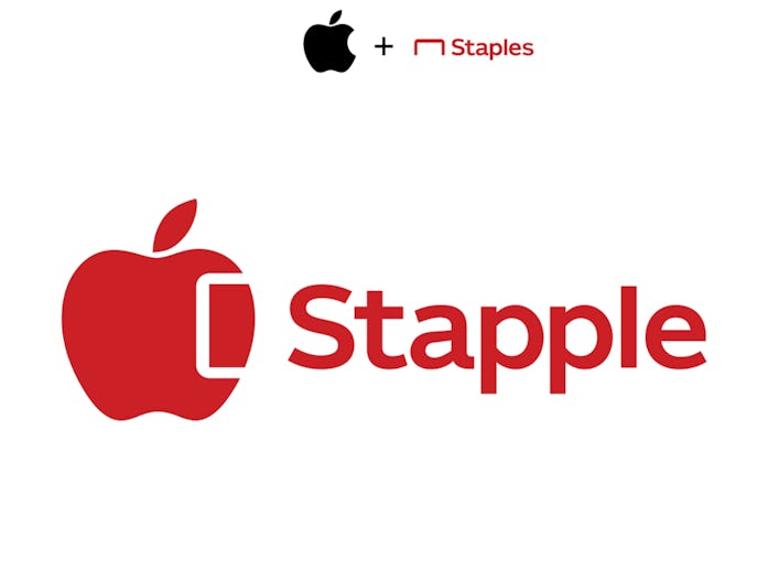 A combination of Apple and Staples' logos, resulting in a red Apple with a white staple marked into ...