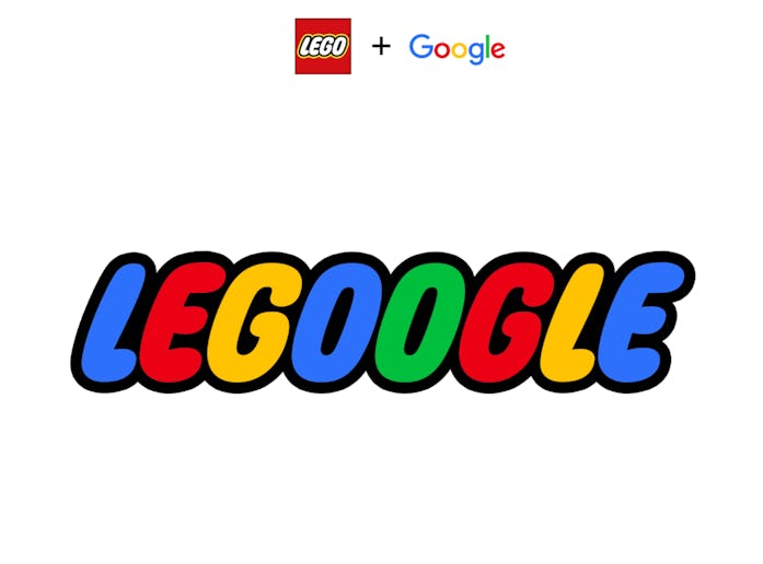A combination of Lego's red logo and Google's blue, red, and yellow colors.