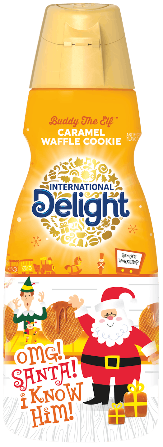 International Delight's 'Elf'-themed holiday 2020 coffee creamers feature a new caramel waffle cooki...