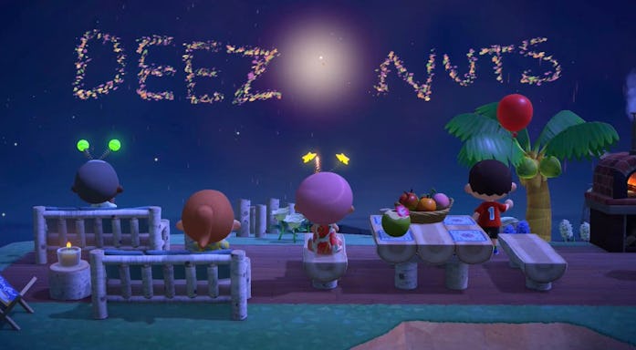 A screenshot of Animal Crossing: New Horizons with fireworks in the sky.