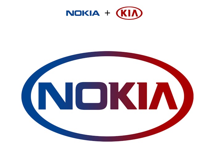 A combination of Nokia and Kia's logos, which simply results in a red and blue Nokia mashup.