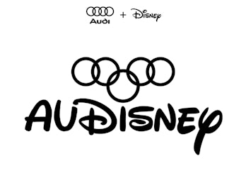 A combination of Audi and Disney's logos, combining the five circles of Audi and the cursive brandin...