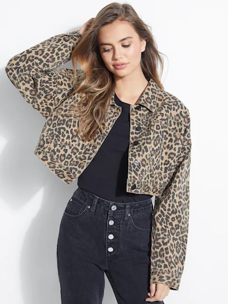 GUESS Leopard Cropped Denim Jacket