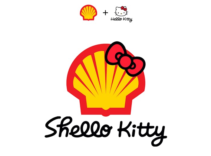 A combination of Hello Kitty and Shell's logos, with a Hello Kitty bow on top of the signature Shell...