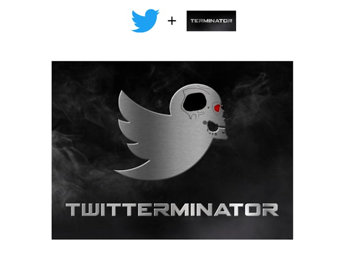 A combination of Twitter's bird and Terminator's logo, depicting a metallic bird with a steel skull.