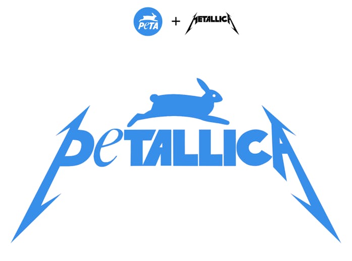 A combination of the heavy metal band Metallica and Peta's logos, with a bunny over the signature Me...
