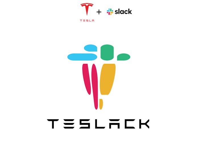 A combination of Tesla and Slack's logo, combining the T of Tesla with Slack's blue, green, red, and...