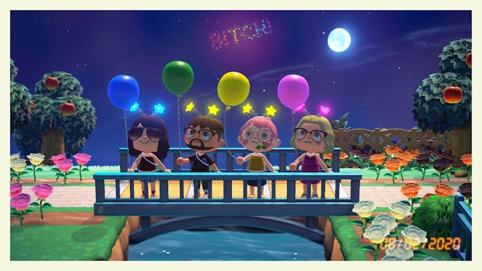 Four players on a bridge in the game Animal Crossing: New Horizons