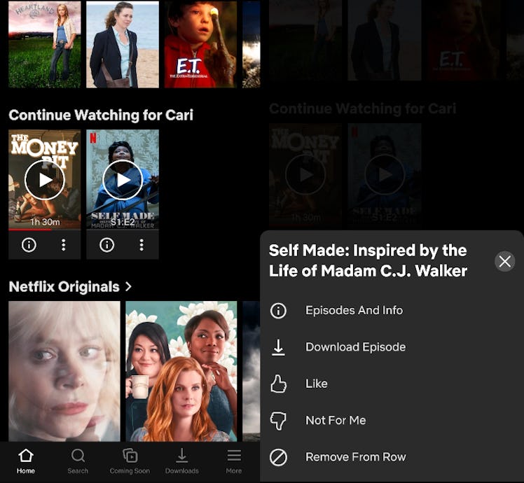 Netflix's new "Remove From Row" feature lets users streamline their "Continue Watching" list.