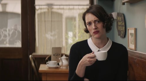 Fleabag holding a cup of coffee and talking about anal sex.