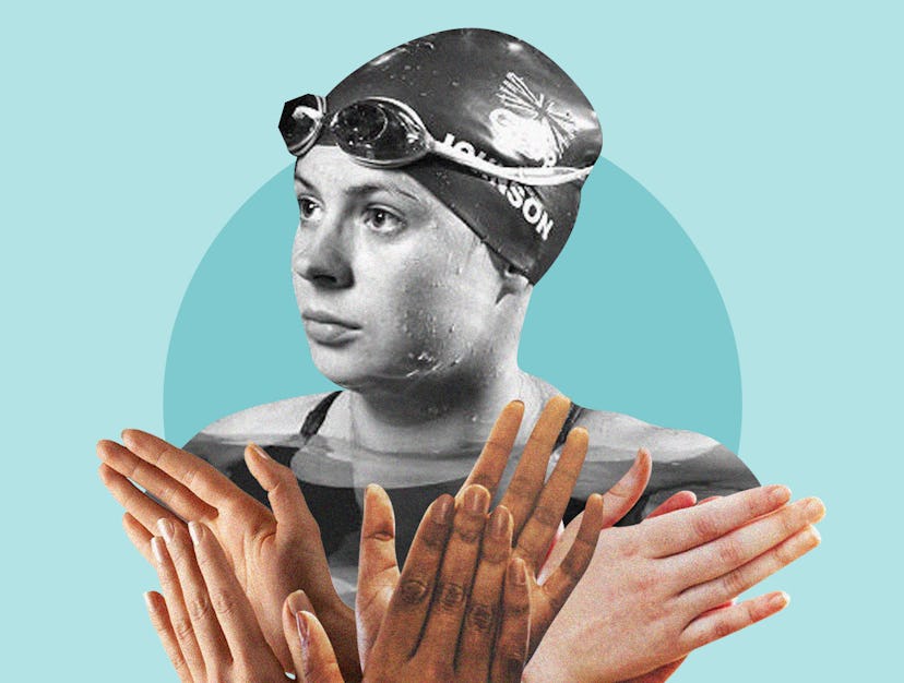 A collage photo with Paralympic champion Liz Johnson wearing a swimming cap and goggles with three p...