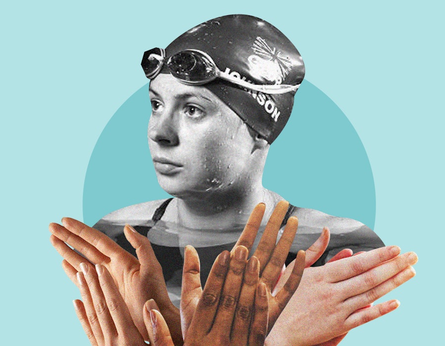 A collage photo with Paralympic champion Liz Johnson wearing a swimming cap and goggles with three p...